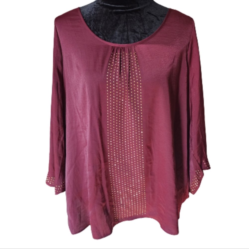 Jennifer Lopez plus size burgundy open sleeve blouse w/ gold accent Women's 1X